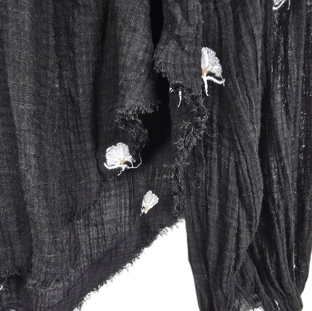 Free People Gauzy Floral Embroidered Peasant Blouse Henley Neck Black White XS
